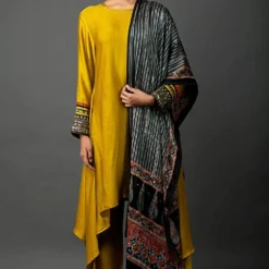 Prahnaaya Mustard Asymmetric Kurta With Printed Dupatta
