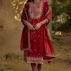 Punit Balana Red Velvet Kurta Set With Dabka Work