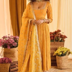 Punit Balana Mustard Silk Chanderi Anarkali Set