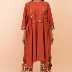 Pooja Keyur Rust Orange Kaftan Kurta & Printed Pants