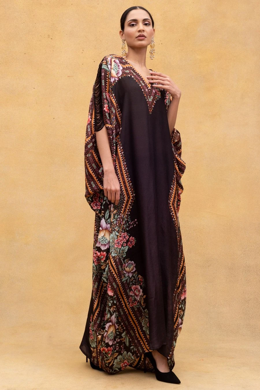 Rajdeep Ranawat Black Chintz Printed Kaftan With Kutch Borders 6 Rajdeep Ranawat Black Chintz Printed Kaftan With Kutch Borders - Image 4