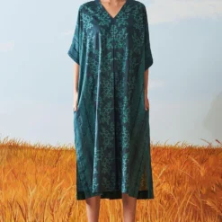 Ikai Pleated Teal V Neck Kaftan Dress